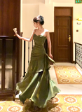 Green Spaghetti Straps A-Line Chiffon Long Evening Party Dress HZ0319