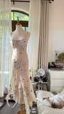 Vintage Beige Spaghetti Strap Beaded Design Romantic Chiffon Evening Dress Prom Dress HZ0319