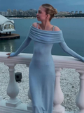 Blue Off Shoulder Long Sleeves Sheath Long Party Dress Evening Dress, HZ0319