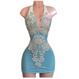 V-neck Sparkly Silver Beaded Women Birthday Party Gowns Short Prom Dress, HZ0319