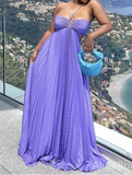 Blue Halter A-Line Open Back Pleated Satin Long Party Dress HZ0319