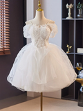 Off Shoulder Sweetheart Homecoming Dress Tulle Lace White Short Prom Dress HZ0319