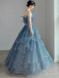 Vintage Blue Beaded Design Elegant A-Line Chiffon Tulle Evening Dress Prom Dress HZ0319