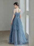Vintage Blue Beaded Design Elegant A-Line Chiffon Tulle Evening Dress Prom Dress HZ0319