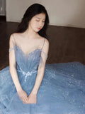 Vintage Blue Beaded Design Elegant A-Line Chiffon Tulle Evening Dress Prom Dress HZ0319