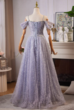 Lilac Straps Off Shoulder A-Line Tulle Sequins Long Formal Prom Dress HZ0319