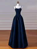 Simple A-Line Dark Blue Satin Long Prom Dress, Dark Blue Long Formal Dress HZ0319