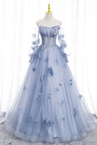Off The Shoulder Blue Tulle Prom Dress With Flowers Quinceanera Dress HZ0319