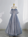 Blue Tulle A-Line Straps Off Shoulder Formal Evening Party Dress HZ0319