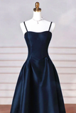 Navy Blue Spaghetti Straps A-Line Satin Long Formal Party Dress HZ0319