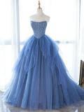 Blue Strapless Tulle Sequins Long Prom Dress, A-Line Formal Party Dress HZ0319