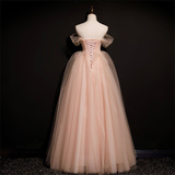 Lovely Pink Off Shoulder A-Line Tulle Long Formal Prom Dress HZ0319