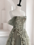 Dusty Green Off Shoulder A-Line Tulle Appliques Long Formal Party Dress HZ0319