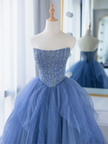 Blue Strapless Tulle Sequins Long Prom Dress, A-Line Formal Party Dress HZ0319
