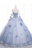 Off The Shoulder Blue Tulle Prom Dress With Flowers Quinceanera Dress HZ0319