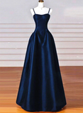 Navy Blue Spaghetti Straps A-Line Satin Long Formal Party Dress HZ0319