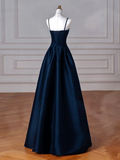 Simple A-Line Dark Blue Satin Long Prom Dress, Dark Blue Long Formal Dress HZ0319