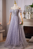 Lilac Straps Off Shoulder A-Line Tulle Sequins Long Formal Prom Dress HZ0319