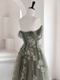Dusty Green Off Shoulder A-Line Tulle Appliques Long Formal Party Dress HZ0319
