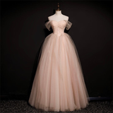 Lovely Pink Off Shoulder A-Line Tulle Long Formal Prom Dress HZ0319