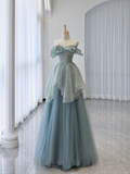 Blue Off Shoulder A-Line Tulle Sequins Long Formal Prom Dress Evenign Gown HZ0319