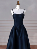 Simple A-Line Dark Blue Satin Long Prom Dress, Dark Blue Long Formal Dress HZ0319