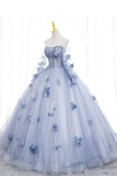 Off The Shoulder Blue Tulle Prom Dress With Flowers Quinceanera Dress HZ0319