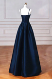 Navy Blue Spaghetti Straps A-Line Satin Long Formal Party Dress HZ0319