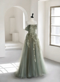 Dusty Green Off Shoulder A-Line Tulle Appliques Long Formal Party Dress HZ0319