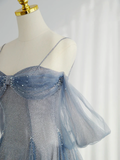 Blue Tulle A-Line Straps Off Shoulder Formal Evening Party Dress HZ0319