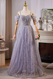 Lilac Straps Off Shoulder A-Line Tulle Sequins Long Formal Prom Dress HZ0319