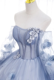 Off The Shoulder Blue Tulle Prom Dress With Flowers Quinceanera Dress HZ0319
