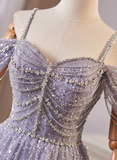 Lilac Straps Off Shoulder A-Line Tulle Sequins Long Formal Prom Dress HZ0319