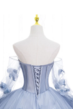 Off The Shoulder Blue Tulle Prom Dress With Flowers Quinceanera Dress HZ0319