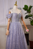 Lilac Straps Off Shoulder A-Line Tulle Sequins Long Formal Prom Dress HZ0319