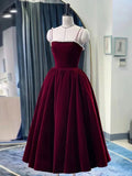 Retro Burgundy Beaded Spaghetti Strap Design A-line Velvet Party Dress Homecoming Dress HZ0319