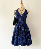 Navy Blue Halter A-Line Lace Midi Length Party Dresses Cocktail Dresses Homecoming Dress, HZ0319