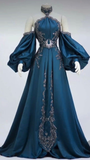 Retro Teal Halter Neck A-Line Beading Chic Long Party Dress Evening Gown, HZ0319