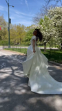 White A-Line Short Sleeves Satin Elegant Long Wedding Dress HZ0319