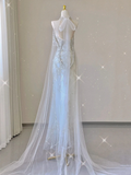 Stunning Halter A-Line Tulle Long Evening Party Dress Wedding Dress, HZ0319
