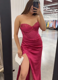 Fuchsia Sweetheart Sheath Satin Long Party Dress Bridesmaid Dress, HZ0319