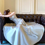 Silver Grey Straps Vintage Chiffon Long Party Dress Birthday Gown HZ0319