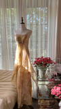 Retro Golden Strapless Floral Elegant Design A-line Beaded Romantic Chiffon Evening Dress Prom Dress HZ0319