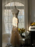 Elegant Mermaid Golden Sparkling Strapless Elegant Beaded Shinny Chiffon Evening Dress Prom Dress HZ0319
