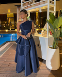 Navy Blue One Shoulder A-Line Satin Long Formal Evening Party Dress HZ0319