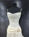 Elegant Ivory Spaghetti Straps Sheath Ruffles Vintage Long Party Dress HZ0319