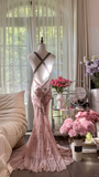 Vintage Pink V-neck Applique Design Elegant Chiffon Evening Dress Prom Dresses HZ0319