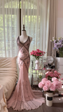 Vintage Pink V-neck Applique Design Elegant Chiffon Evening Dress Prom Dresses HZ0319