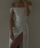 Glitter Off Shoulder A-Line Long Party Dress Birthday Outfits HZ0319