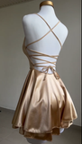 Lovely Gold Straps A-Line Satin Short Party Dress Homecoming Dress HZ0319